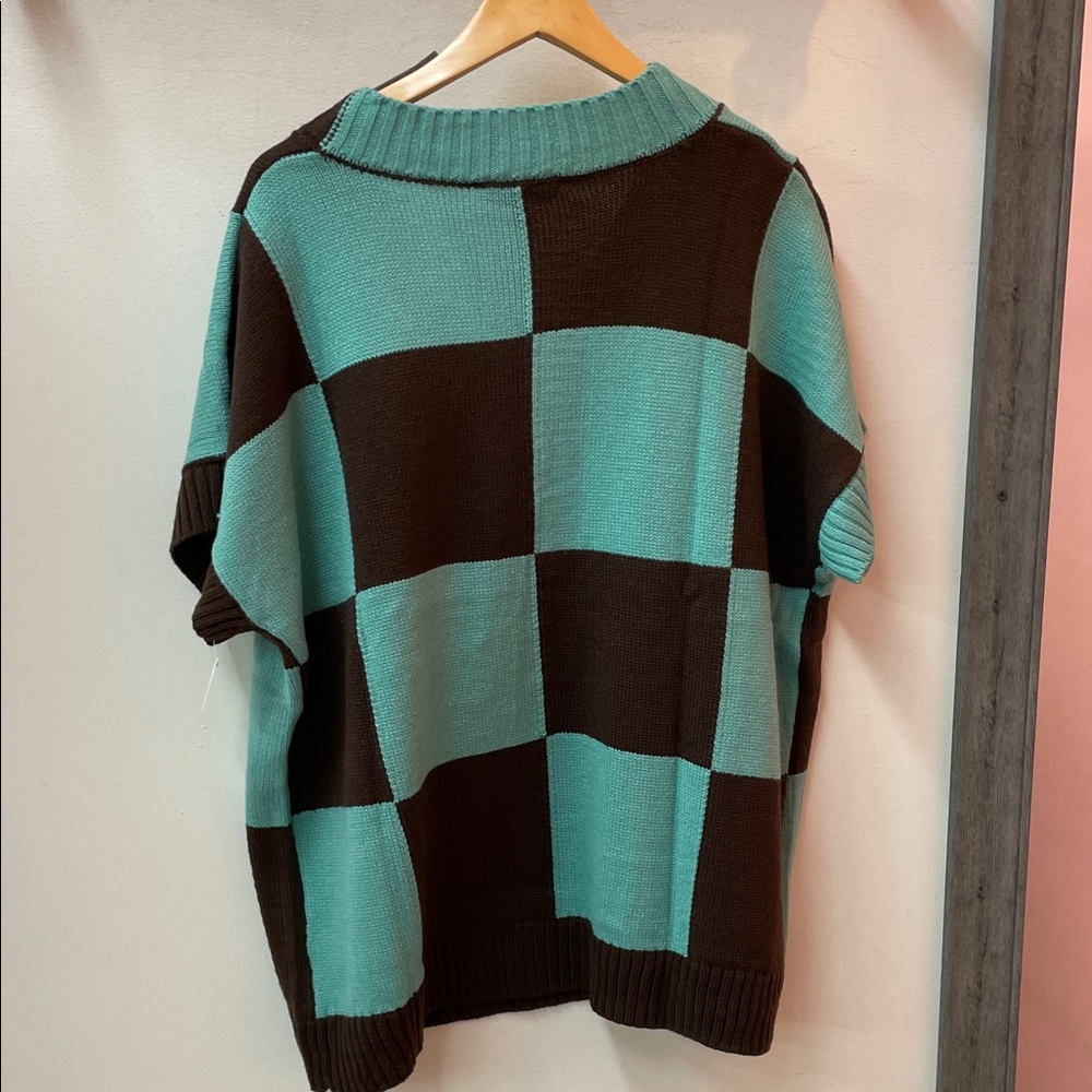 DAVI & DANI V-Neck Sweater in Teal and Brown - Picture 3 of 8